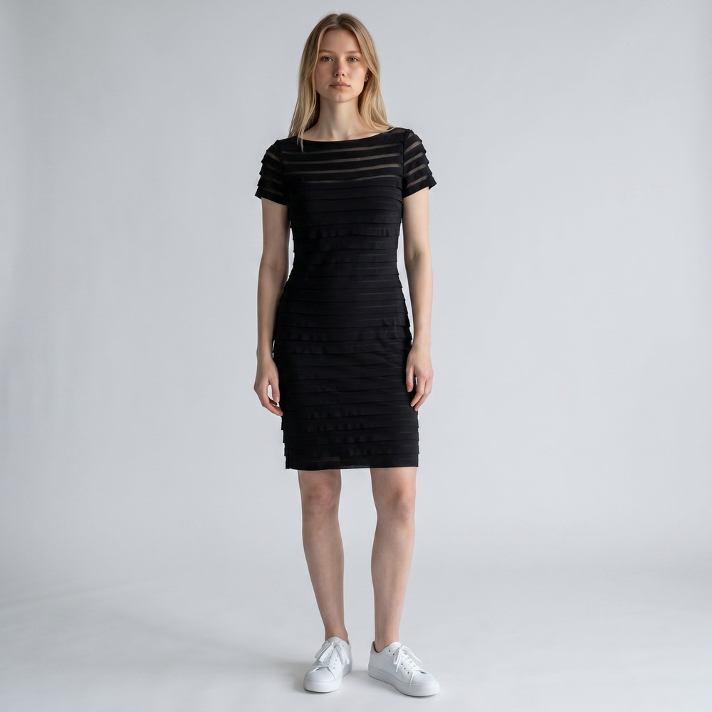 Adrianna Papell Black Tiered Ribbon Sheath Cocktail Dress Boat Neck UK 18 US 14